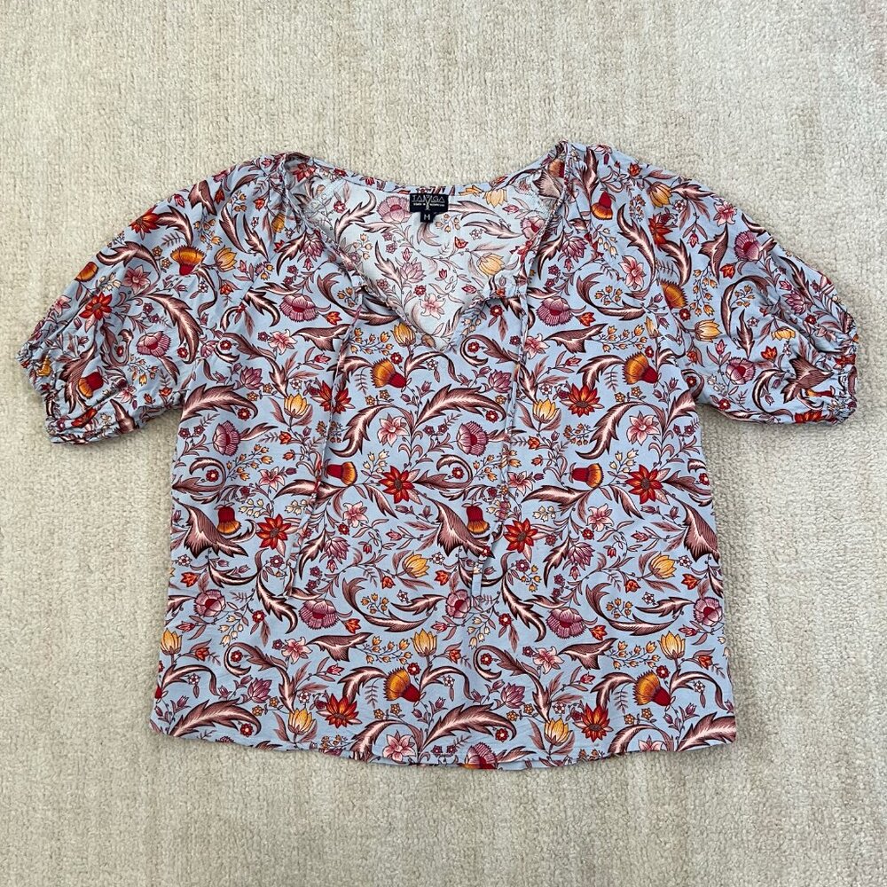 Tamga Designs Boho Floral Print Peasant Blouse Top M Blue Red